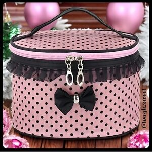 🆕️EXTRA LARGE VINTAGE PINK & BLACK POLKA DOT ZIPPERED COSMETIC BAG WITH POCKETS